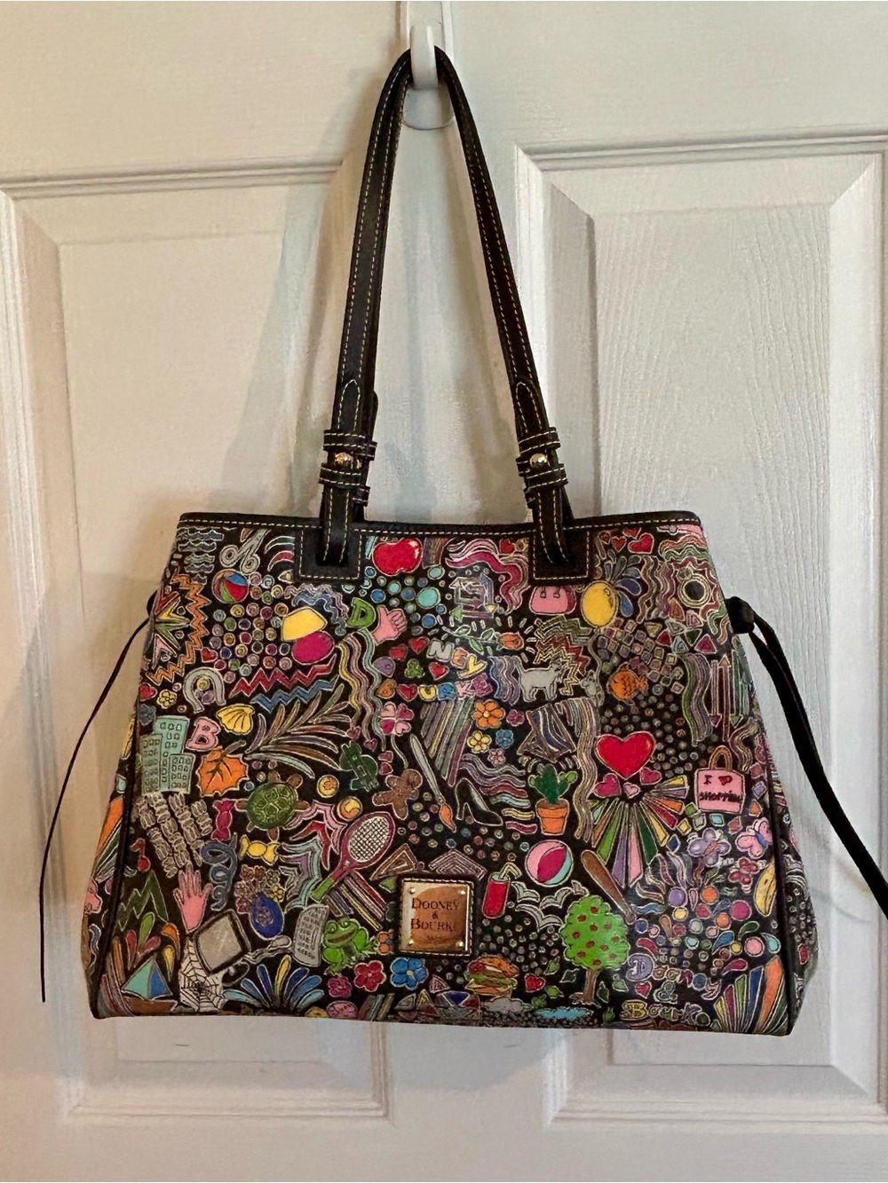Dooney & Bourke Shoulder Bag I Love Shopping Whimsy Black Print Multicolor Tote